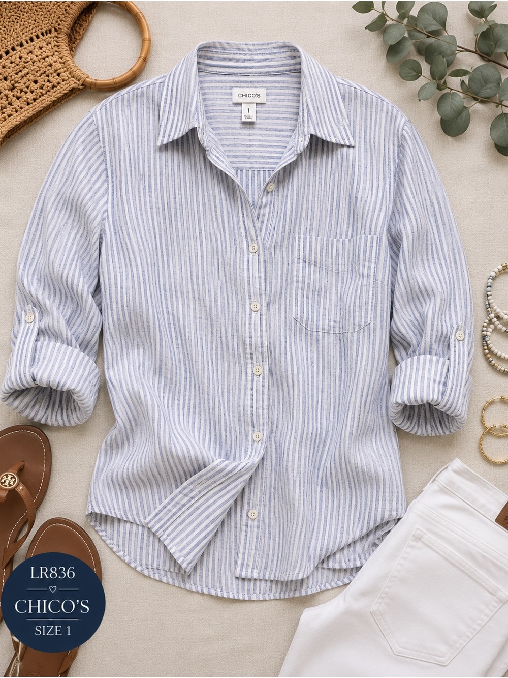 Chico’s Linen Striped Button Front Shirt Blue White Coastal Top Size 1